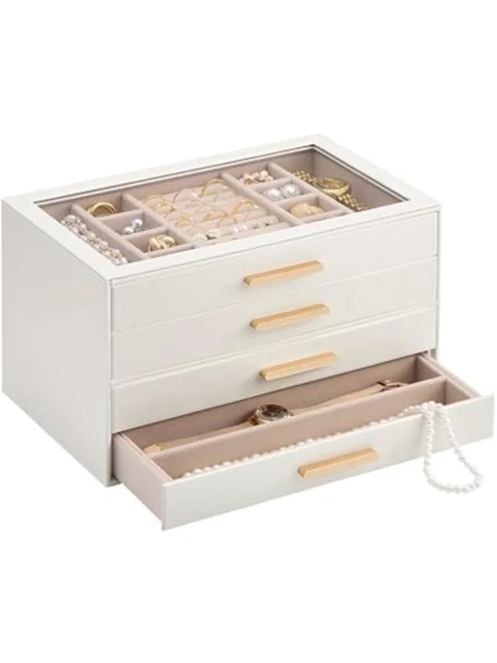 Beige Jewelry Box Organizer 4 Drawer Glass Lid Velvet Ring Necklace Earring Case